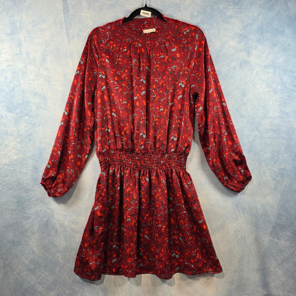 Lush Red Floral Smocked Mock Neck Long Sleeve Mini Dress Womens Small